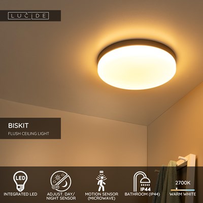 Lucide BISKIT - Flush ceiling light Bathroom - Ø 40 cm - LED - 1x36W 2700K - IP44 - Motion Sensor - Black